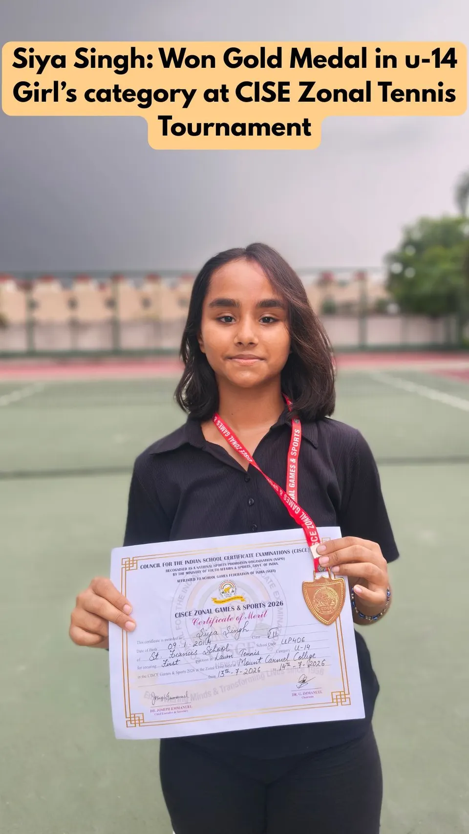 Academy photo: Siya Singh — gold medal, Under-14 girls, CISCE Zonal Tennis Tournament